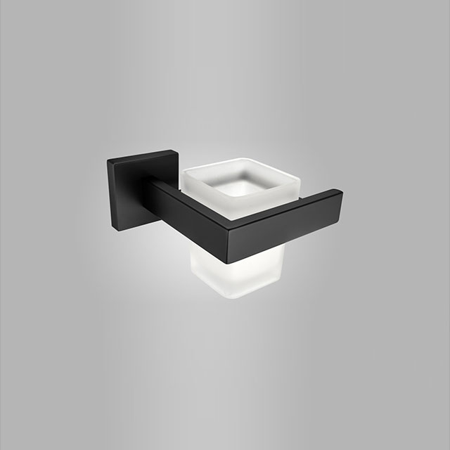 Black Modern Square Wall Mounted Bathroom Single Toothbrush Tumbler Holders with Glass Cup